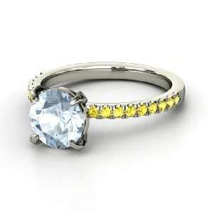  Candace Ring, Round Aquamarine Platinum Ring with Yellow 