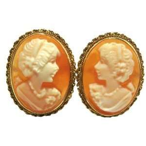   Carved, Carnelian Shell Italian Cameo Earrings 14k Gold Jewelry