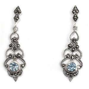  Marcasite with Aqua Blue CZ Earrings, Size 37mm Jewelry