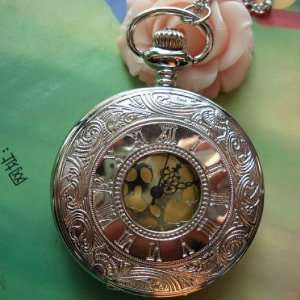  White Steel Roman Numerals Golden Movement Pocket Watch 