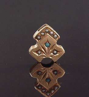 FANTASTIC ANTIQUE VICTORIAN 14K TURQUOISE AND SEED PEARL SLIDE CHARM 1 