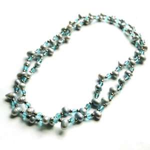 Two 34 Fresh Water Sky Blue Pearls Strand with Clear and Blue Bead. A 