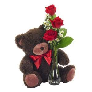 Classic Bud Vase Roses with Bear  Grocery & Gourmet Food