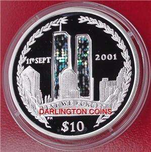 2002, 1oz SILVER PROOF MULTICOLOR 11th Sep Twin Towers  