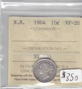 1864 NEW BRUNSWICK 10 CENT COIN ICCS CERT VF 20  