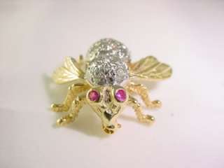 18K YELLOW GOLD RUBY AND DIAMOND BUMBLE BEE BROOCH  