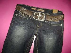 YMI Low Rise Belted Rhinestone Boot Cut Denim Jeans  