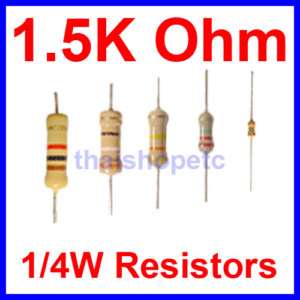 100 pcs Resistors 1K5 1.5K Ohms 1/4W 5% Carbon Film  
