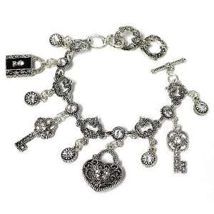 silver metal bracelet; Toggle closure; Heart and key marcasite 