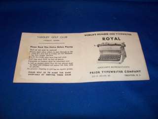 Vintage Yardley PA Golf Club Scorecard Royal Typewriter  