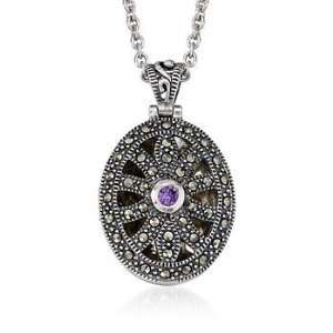    Amethyst, Marcasite Locket Pendant Necklace In Silver. 18 Jewelry