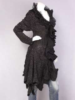 Black Long Sleeve Marled Knit Asym Ruffle Cardigan M  