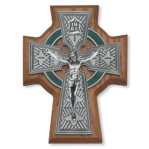    123 5 1/2 Walnut Wood Celtic Pewter Inlay Green Wall Crucifix Cross