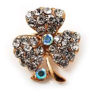  Tiny Clear Crystal Clover Pin Brooch (Gold Tone) Jewelry