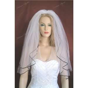  2T White Fingertip 3mm Black Ribbon Trim Bridal Veil 