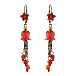 Michal Negrin Dangle Earrings with Hand Painted Lilys, Beads and Red 