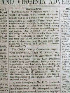   VIRGINIA newspaper JOHN BROWN RAID Harpers Ferry WEST VIRGINIA  