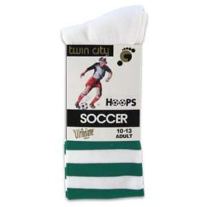   10 13 Adult White/Green Thin Stripes Soccer Socks