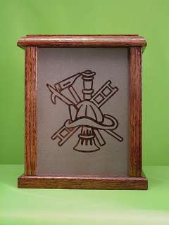 Fire Mans Tools of Rescue Design Etched Glass Panel in Oak Wood 