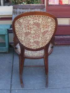 Old Antique Rose Carved Solid Wood Upholstered Sewing Rocking Chair 