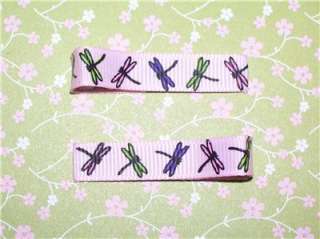 Purple/Pink/Lime Dragonflies on Light Pink Hair Clips  