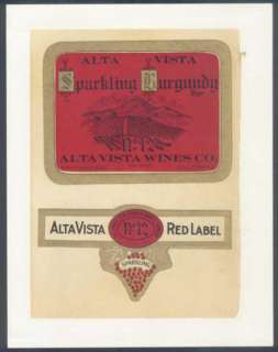 Early 1900s Alta Vista Wines Sparkling BurgundyLabels  