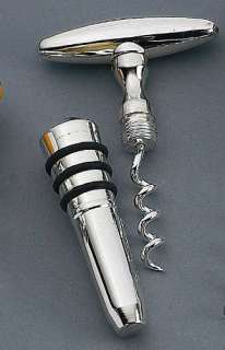 SILVER PLATED BOTTLE STOPPER AND CORKSCREW WINE SET  