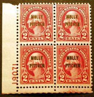 646 2c Carmine 1928 Molly Pitcher Plate# Blk of 4 MLH  