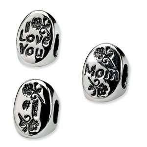 Love You Mom, 3 Sided Charm in Sterling Silver for Pandora, Kera and 