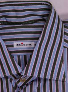 KITON DRESS SHIRT $765 LT. BLUE BOLD STRIPE KITON HANDMADE SHIRT 17.5 