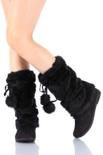 Mukluks SOFT Furry Pom pom Snow WINTER Flat Boot BLACK  