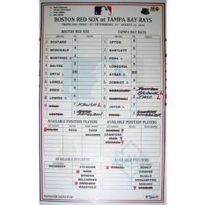  Red Sox at Rays 8 27 2010 Game Used Lineup Card (MLB Auth 