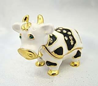 NEW Black White Cow Crystals Hinged Trinket Box Gold  