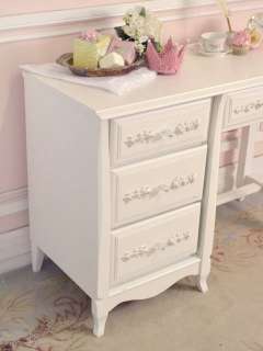Shabby French Cottage Chic White Writing Desk Table 4 Drawers Rose 