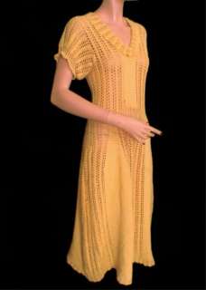 Vtg 30s Yellow Crochet Knit Peek A Boo Dress S M See Thru  