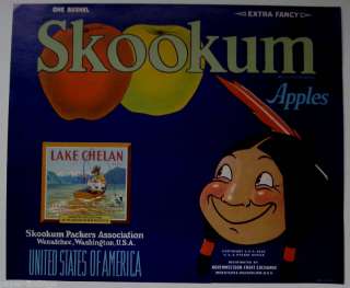 SKOOKUM Apple Crate Label Wenatchee WA Comical Indian  