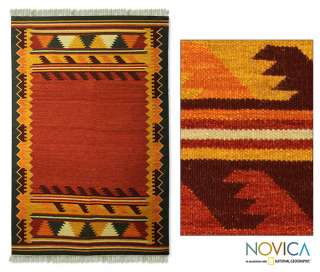 Sunset Waves~~Novica India Handwoven Wool Dhurrie Rug 4 x 6 ft  