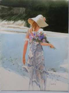   Armstrong Watercolor Art Painting Woman On Beach With Flowers Signed