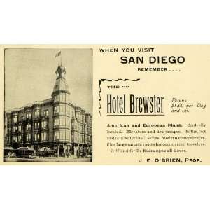  1899 Ad Hotel Brewster San Diego California J E OBrien 