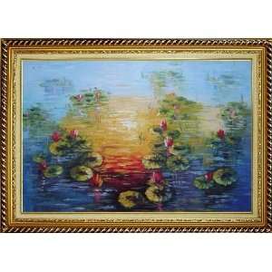  Red Lotus Pond in Sunrise Oil Painting, with Linen Liner 