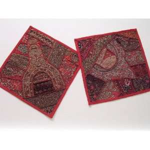  2 Sari Red Indian Tapestry Handmade Pillows Cushions