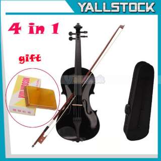 New Black Acoustic Violin + Case + Bow + Gift Rosin 4 In 1  