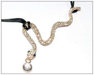 Vintage Snake Crystal Necklace Chain Pendant Gold  