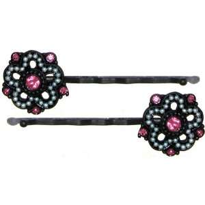 Pair Of Antique Style Bobby Pins with Beads And Rhinestones In Pink 