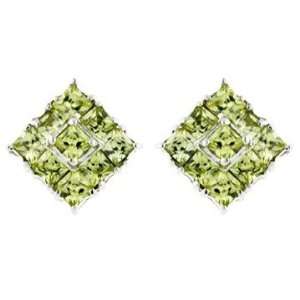  Sterling Silver Apple Green Square Pave Stud Earrings 
