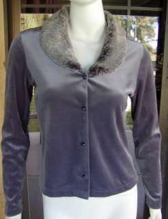 New Fur Trimmed Gray Velour Long Sleeve Shirt Sz. L ❦  