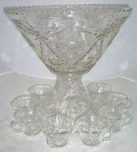   EARLY AMERICAN PRESCUT PUNCH BOWL 15 PC STAR DAVID GLASS STAND CUPS