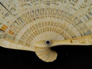   Antique 19C. Chinese Asian Micro Carved Cow Bone Ladies Opera Hand Fan