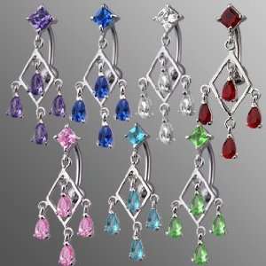 Rodium Plated Top Drop Belly Ring with Diamond Shape Chandelier with 4 