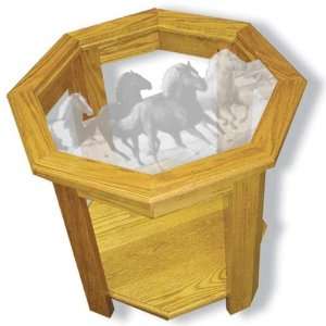  End Table With Chincoteague Horse Etched Glass   Chincoteague Horse 